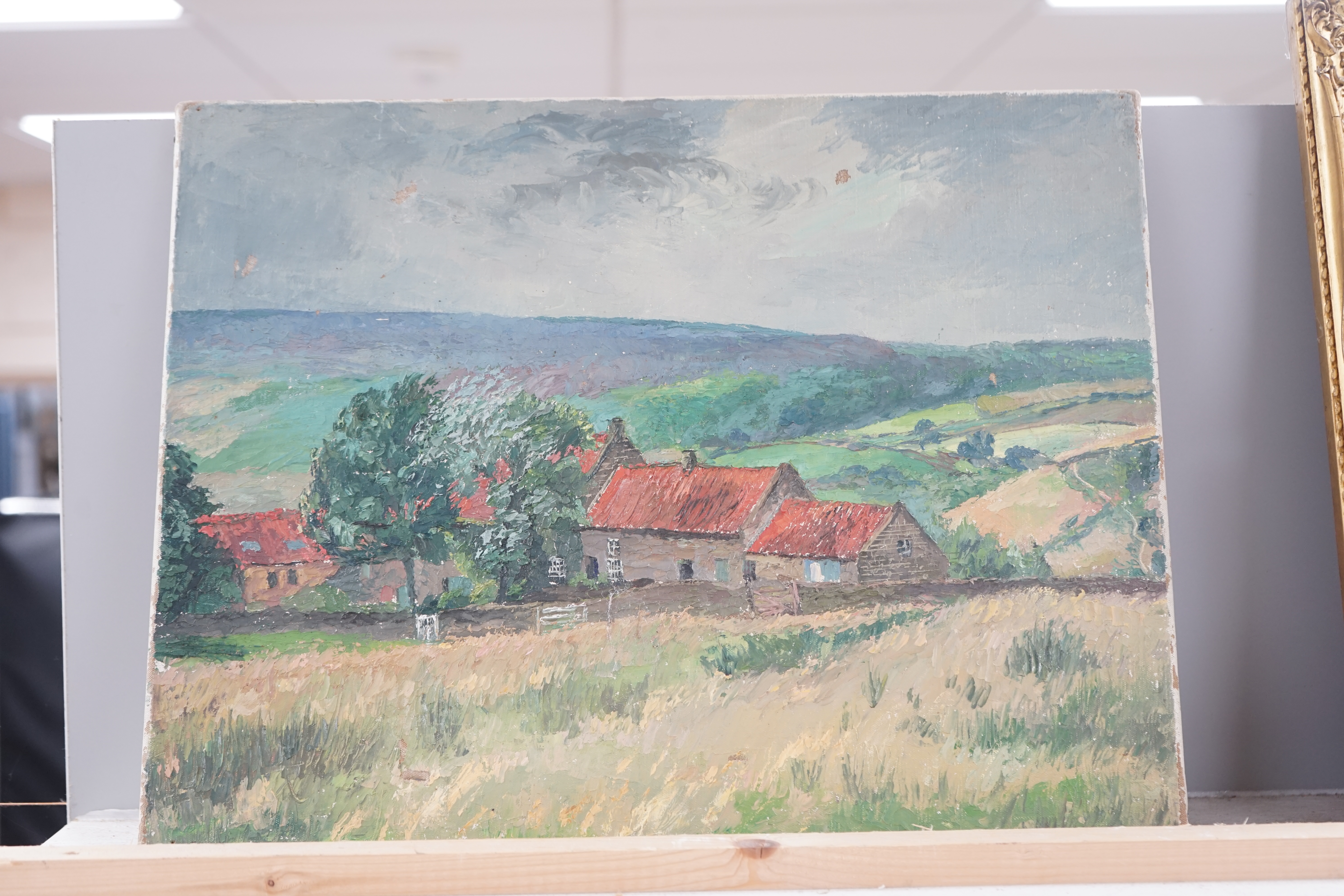 Henry (Harry) Clarence Whaite (1895-1978), oil on canvas, ‘Farm buildings, Goathland Common, Yorkshire’, unframed, 36 x 45cm. Condition - poor, a few holes to the canvas